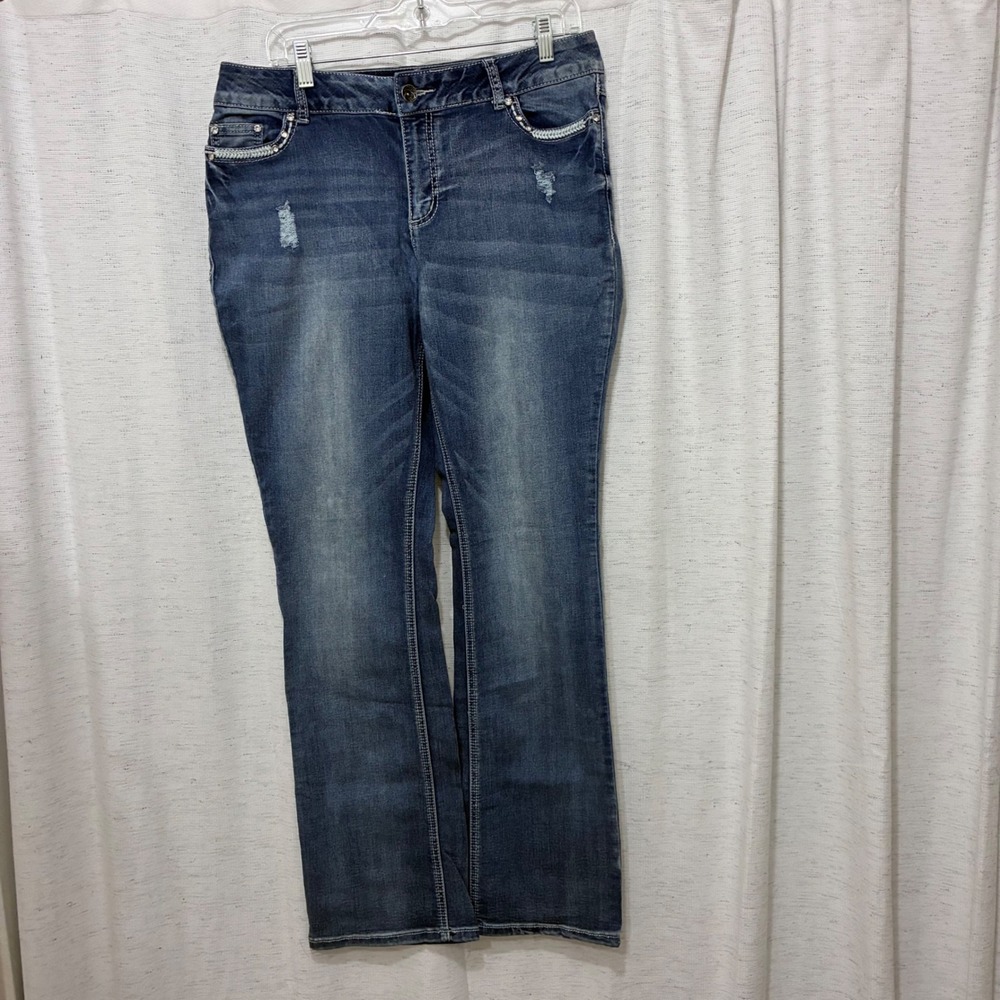 Womens Blue Distressed Rhinestone Bootcut Jeans Size 14 Western Embellished